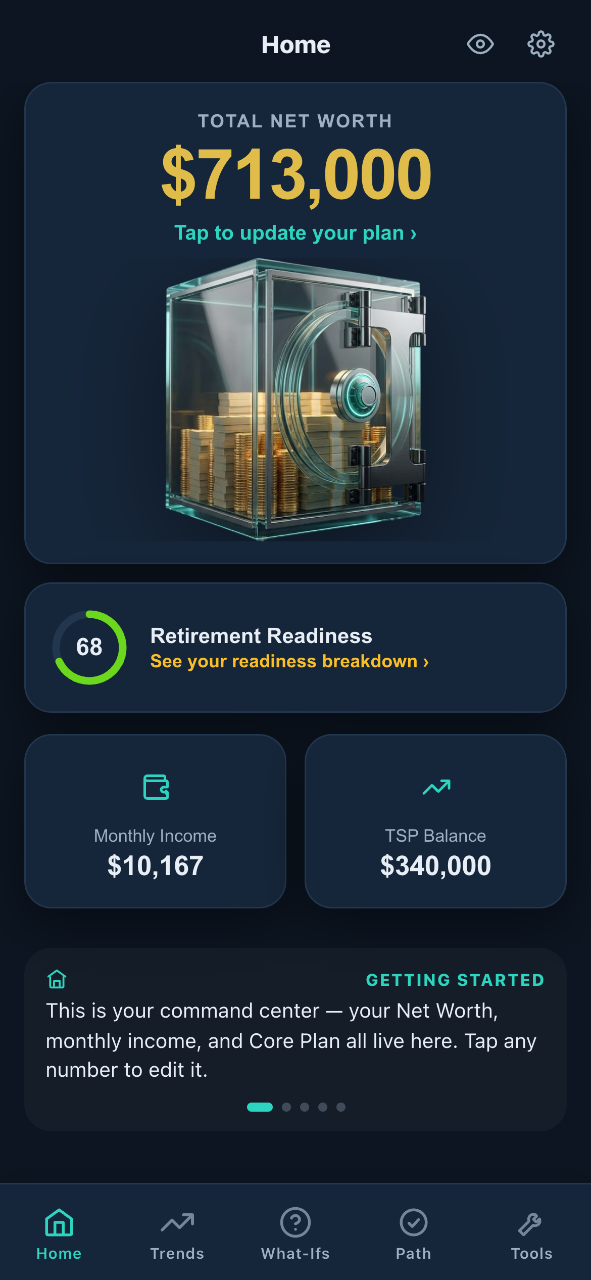 TSP Lab app — your net worth, retirement readiness, and plan at a glance